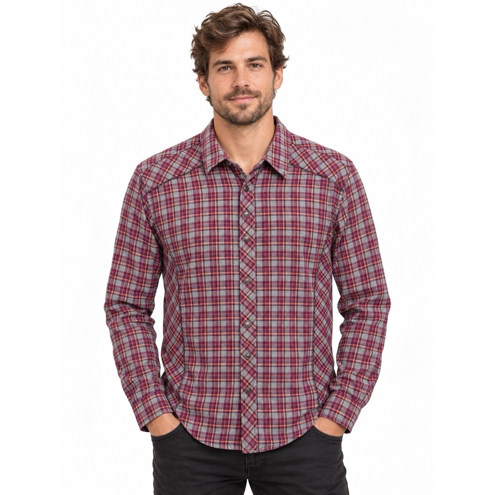 prAna Men's Medium Plaid Western Snap Shirt Organic Cotton Gray Purple